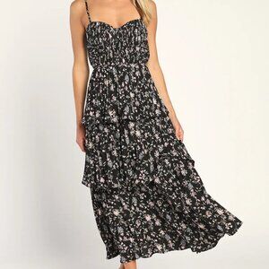 Lulus Cascading Crush Black Floral Print Tiered Bustier Midi Dress - Size S